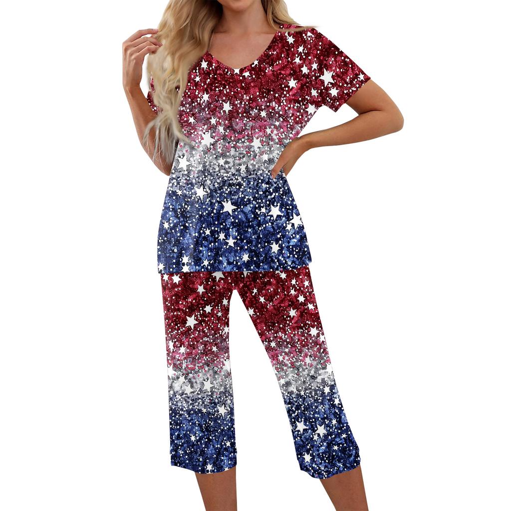 2 Piece Sets For Women Short Sleeve Top And Pants With Pockets Workout Soft Print Sets