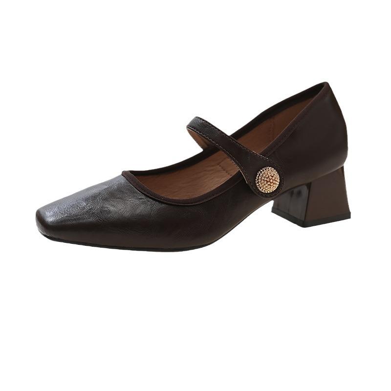 French Maillard Square Head Mary Jane Shoes 2025 Early Spring New Thick Heel One-word Buckle Single Boots Retro Women's Shoes