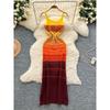 Travel Holiday Style Sling Dress Women Sexy Gyaru Fashionable Color Matching Waist Hugging Slimming Knitted Sheath Long Skirt