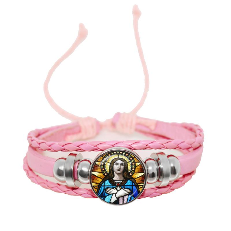 Virgin Mary Baby Jesus Christian Catholicism Jewelry Black Button Leather Bracelet Blessed Mother Religious Glass Cabochon Gift