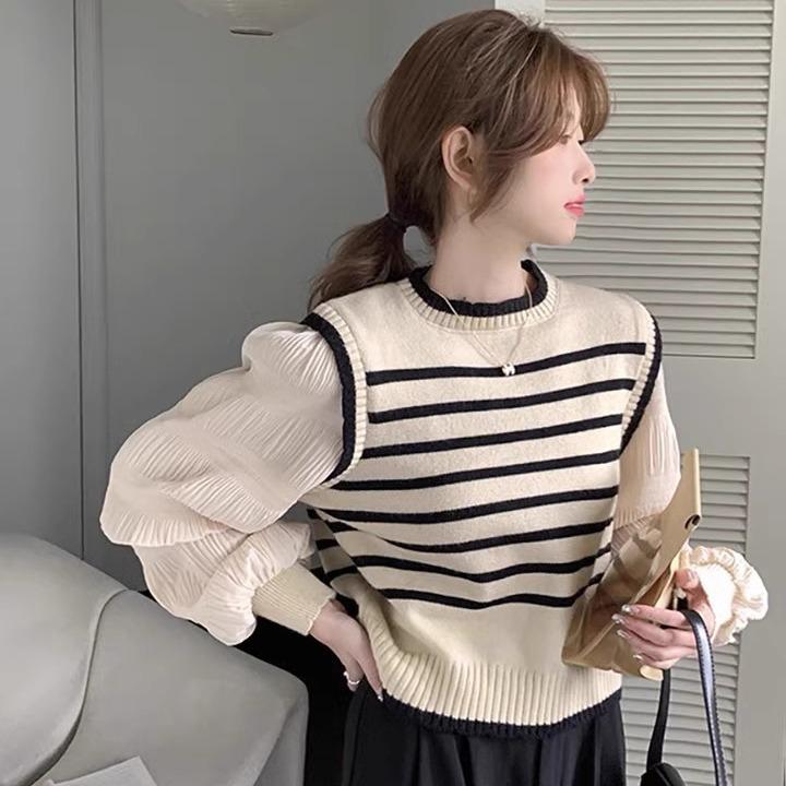 Fake Two Bubble Sleeve French Sweater Women's Autumn/Winter Striped Unique Long Sleeve Top