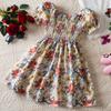 Elegant Floral Print Princess Dress With Bubble Sleeves For Girls