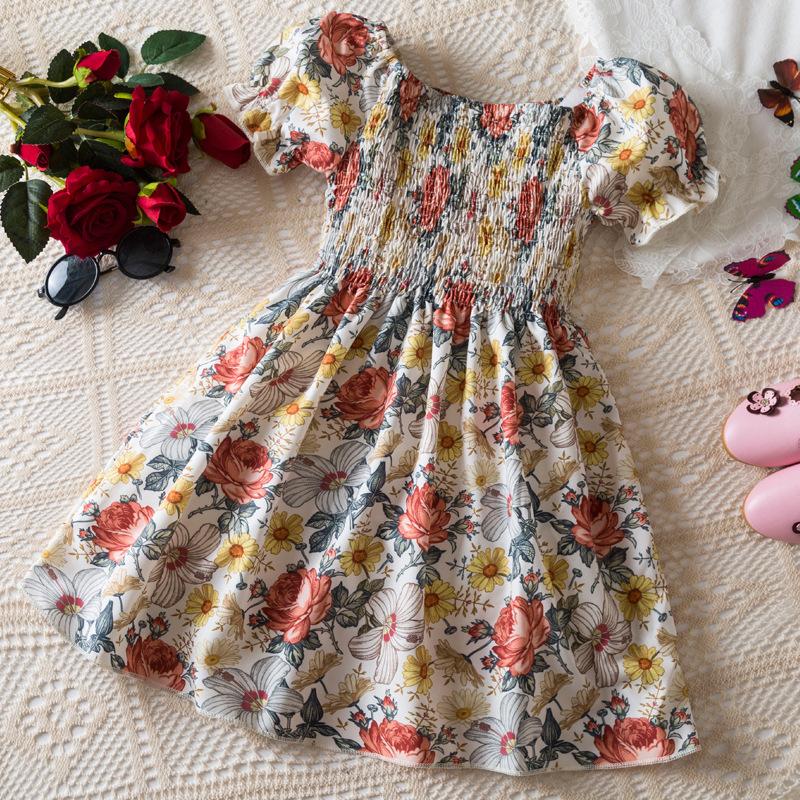 

Elegant Floral Print Princess Dress With Bubble Sleeves For Girls 90 червоний