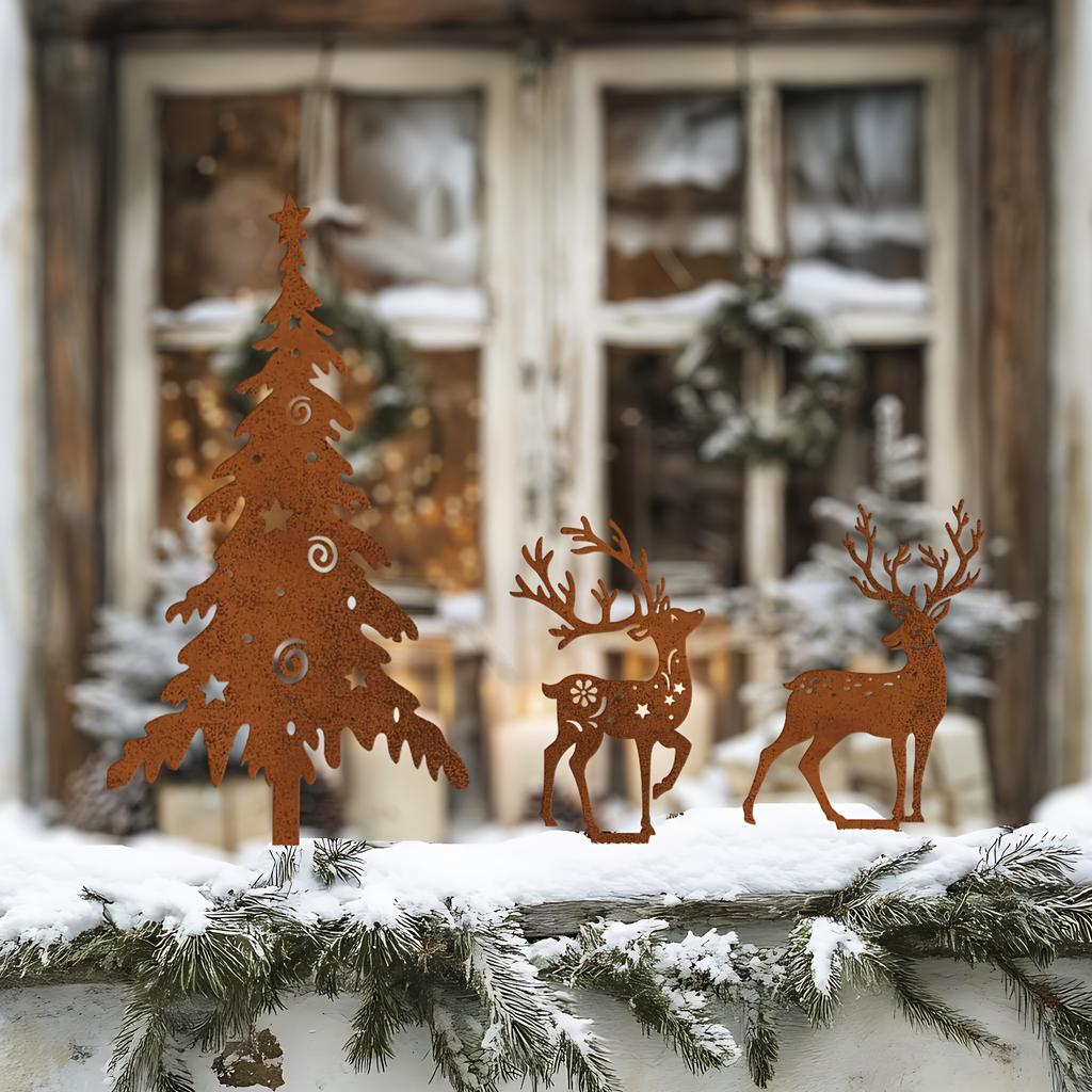Home Decoration Tree and Deer Metal Garden Stake, Vintage Rustic Style Outdoor Yard Decorations,  Sculpture Ornaments Gift
