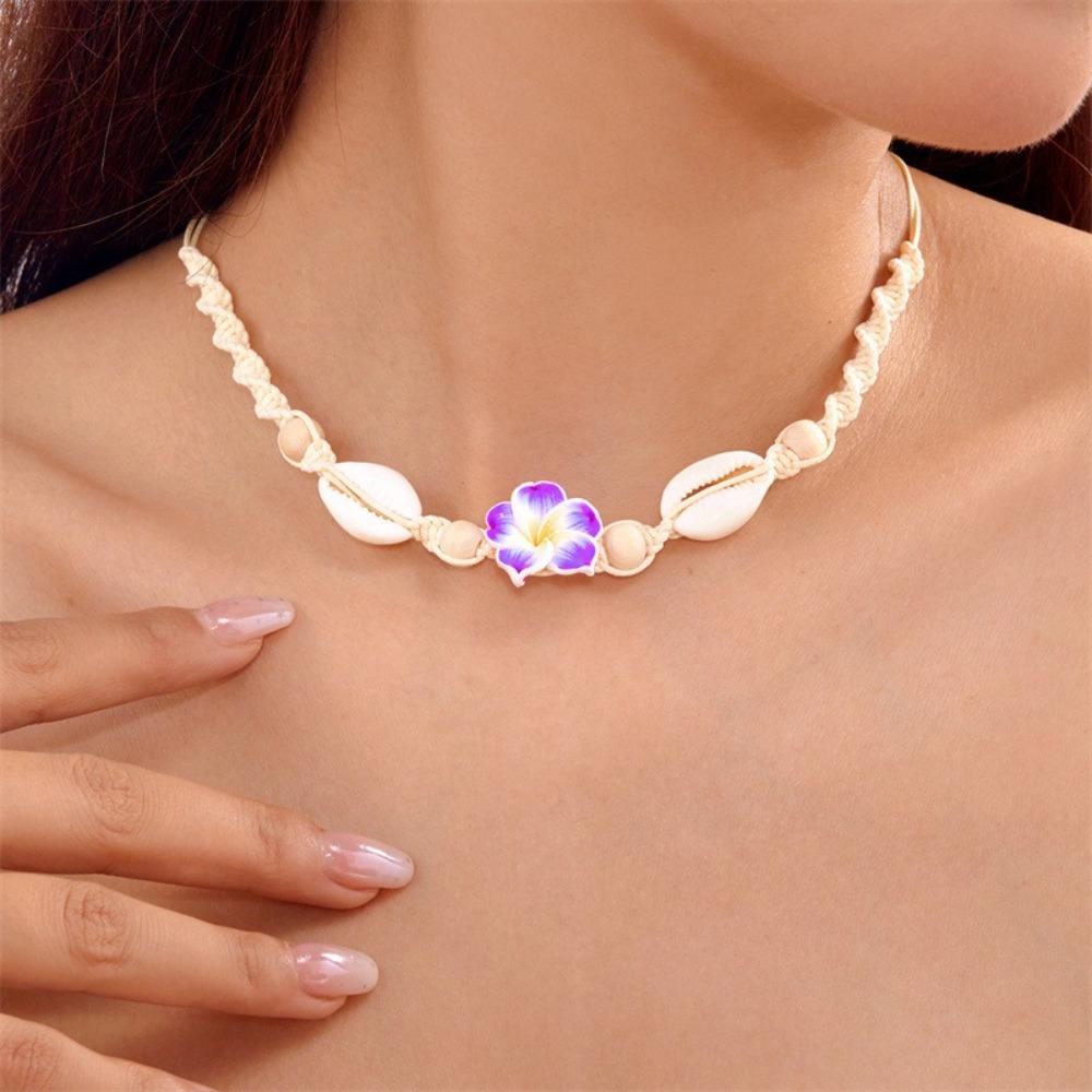 Bohemia Style Polymer Clay Sea Shell Necklace Flowers Pendant Hand-woven Choker Multi-color Rope Jewelry Accessory Vacation