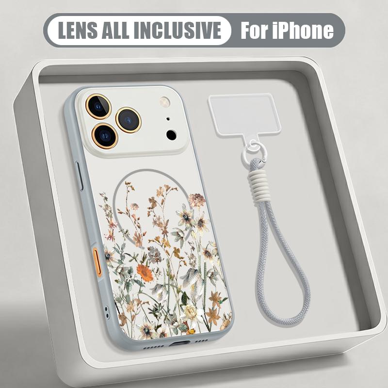 White Flower Pattern Hand Strap Case For iPhone 17 Pro Max iPhone 16 15 14 13 Pro Max Magnetic For Magsafe Hybrid TPU+PC Matte Cover