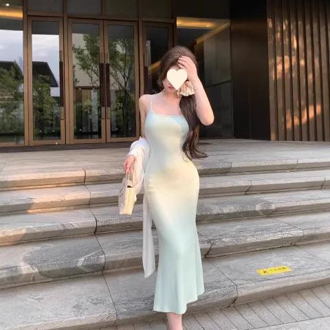 Show Figure, Waist Temperament, Hip Skirt, Suspender Dress, Summer Solid Color Tight Fishtail Dress