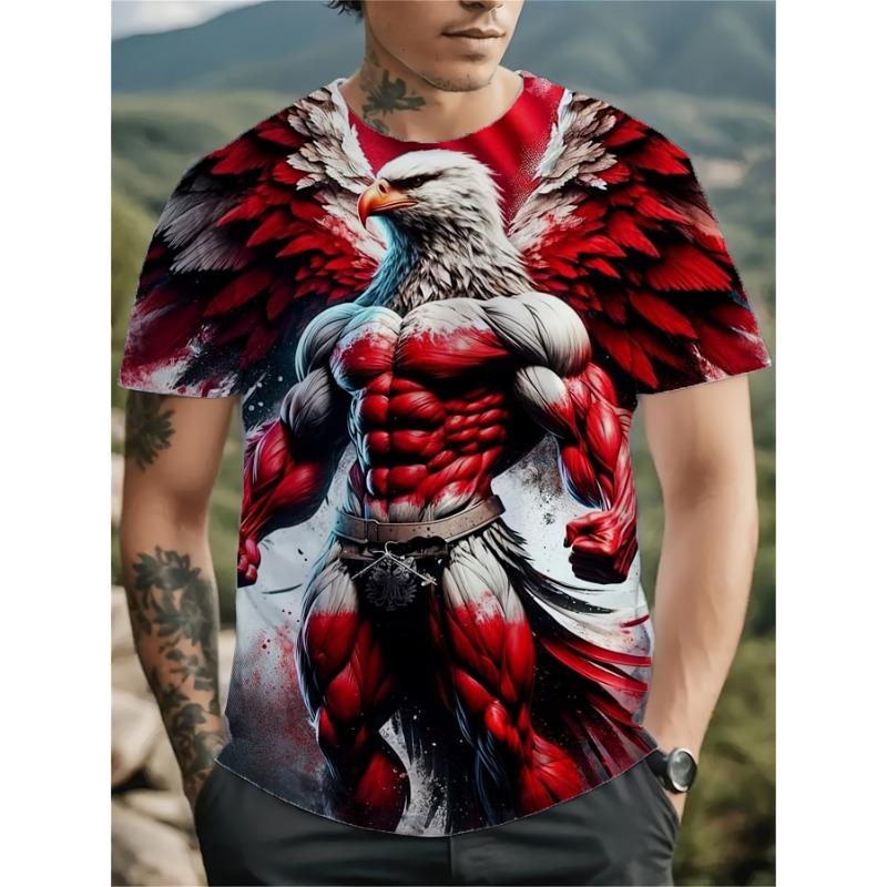 

Men s 3d Eagle Pattern Muscle T-Shirt Red White Bold Print Short Sleeve Round Neck Summer Streetwear Casual Tops Gift Boyfrien S