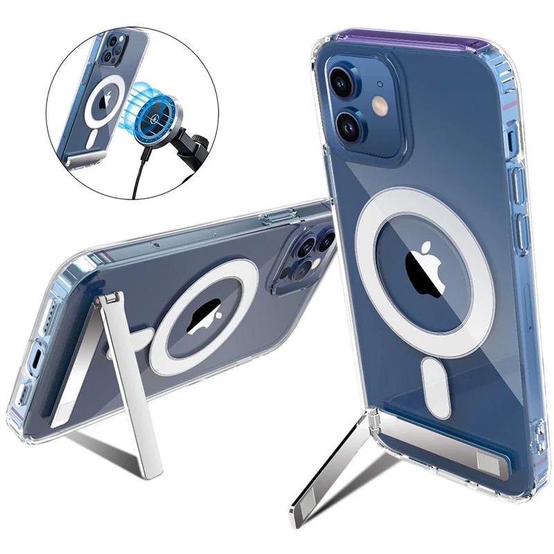 Clear Magnetic Phone Case with Kickstand for IPhone 17 Pro Max Air 16 15 14 Plus 13 12 11 Mini for Wireless Charging Back Cover