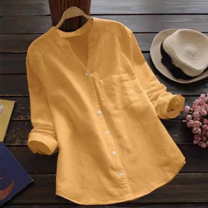 2022 Women's Cotton Linen Casual Loose Long Sleeve Top - Plus Size Solid Color