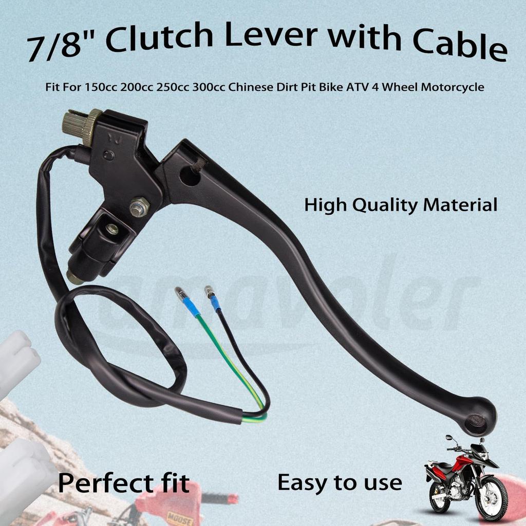 7/8" Clutch Lever with Cable Aftermarket Replacement Parts Fits For150cc 200cc 250cc 300cc Chinese Dirt Pit Bike ATV 4 Wheel Motorcycle.