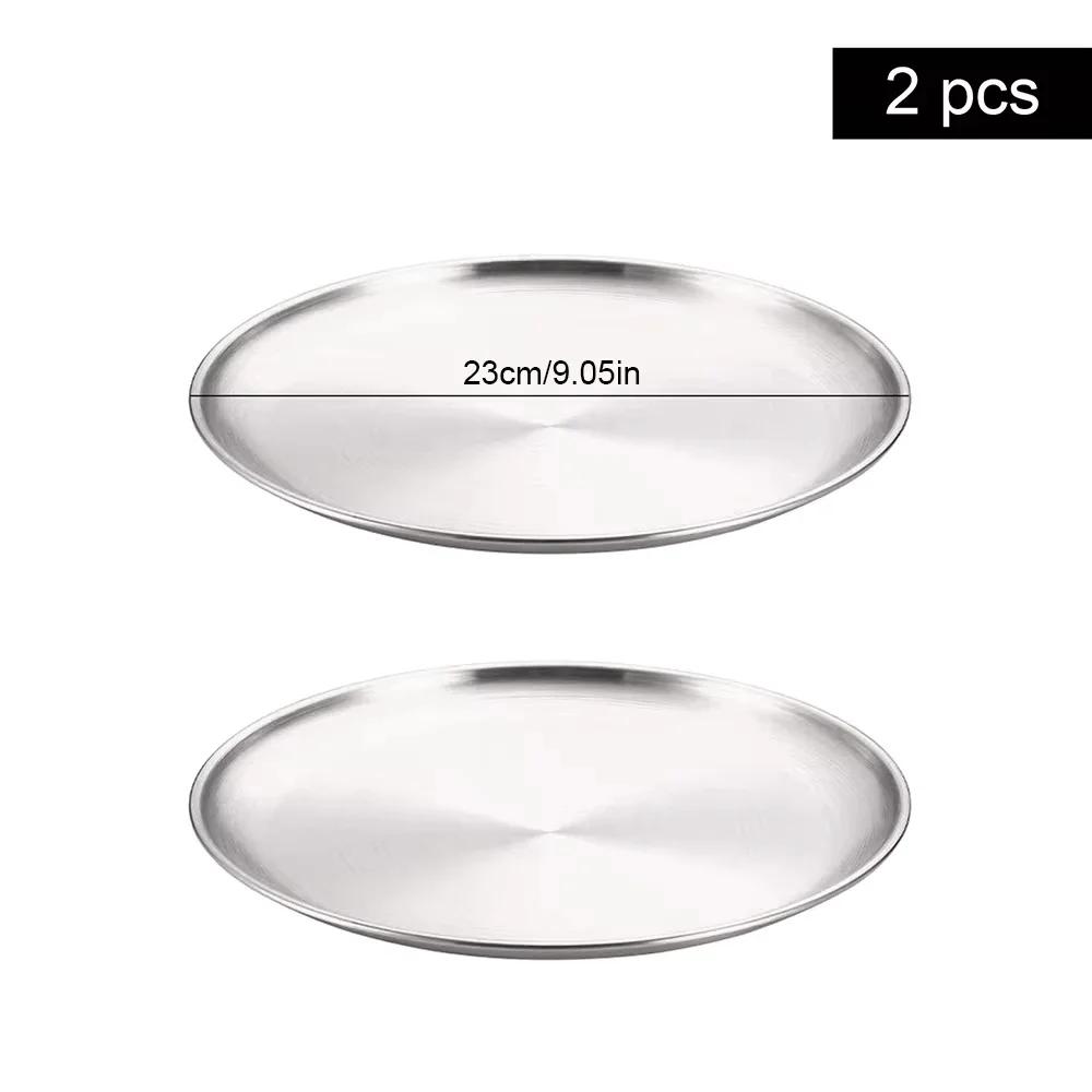 2Pcs Round Dining Stainless Steel Metal Disc Bone Spitting Dish High Quality Shallow Tray Silver BBQ Disc Kitchen Plate