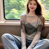 French Crew Neck Smudged Light Mesh Long-sleeved T-shirt Women's Summer New Fashion Thin and Slightly Transparent Sunscreen Blouse