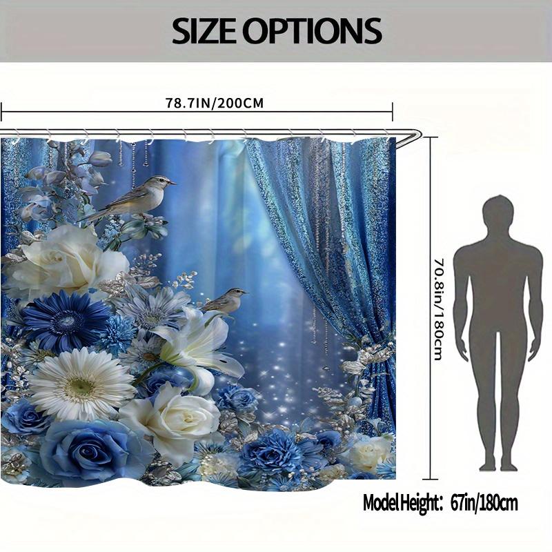 4pcs Blue And White Flower Bird Dream Window Printed Shower Curtain Set, Ring Multi Size, Decorative Bathroom Set Includes