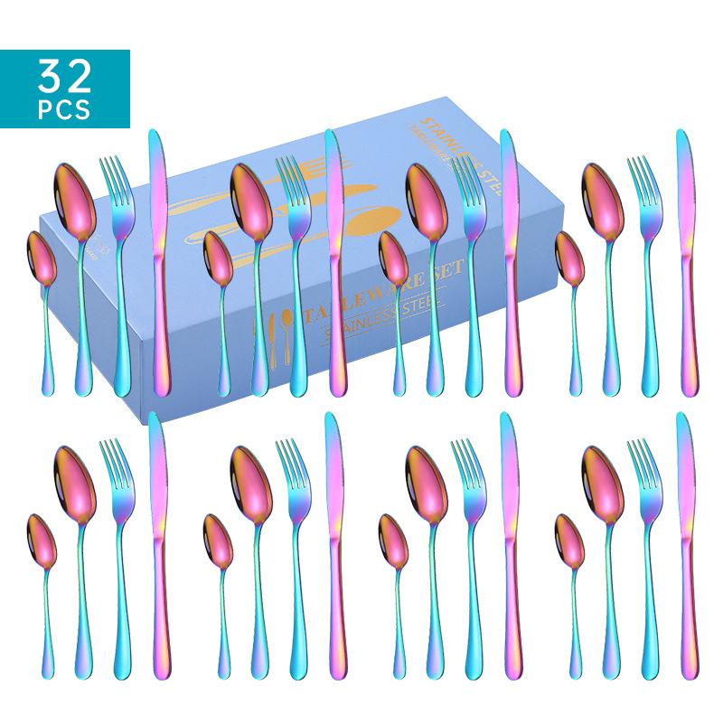 

Нож для стейка, вилка и ложка из нержавеющей стали. Набор посуды из 32 предметов. Костюм в западном стиле. Посуда на 8 персон.