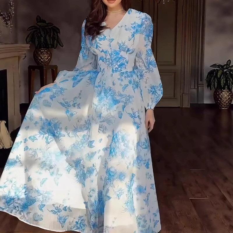 

2 Summer new high-waisted temperament slim-fitting long-swung holiday dress S синий