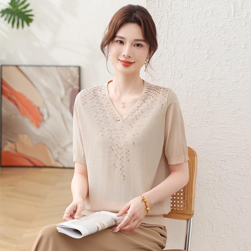 Mom's Chic V-neck Ice Silk Cardigan & T-shirt for Middle-aged & Elderly Women