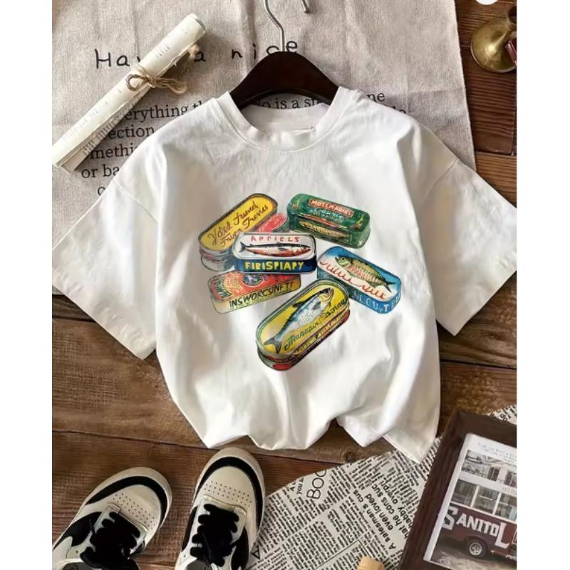 

Cartoon Fish Can Print Shortsleeved Tshirt Women Casual and Simple Style Daily Wear and Outing in Summer Streetwear 4XL