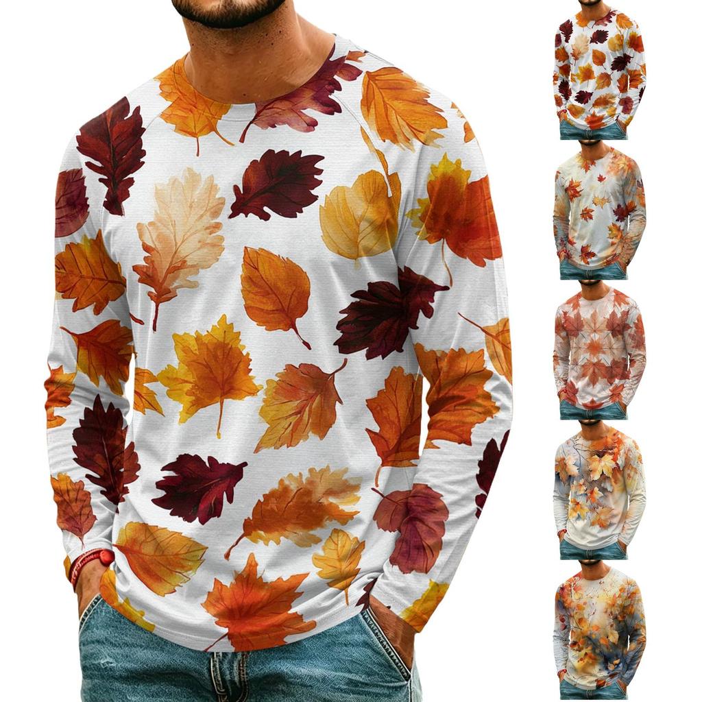 T-shirt da uomo a maniche lunghe con stampa di foglie d'acero, top casual leggero girocollo per autunno e inverno