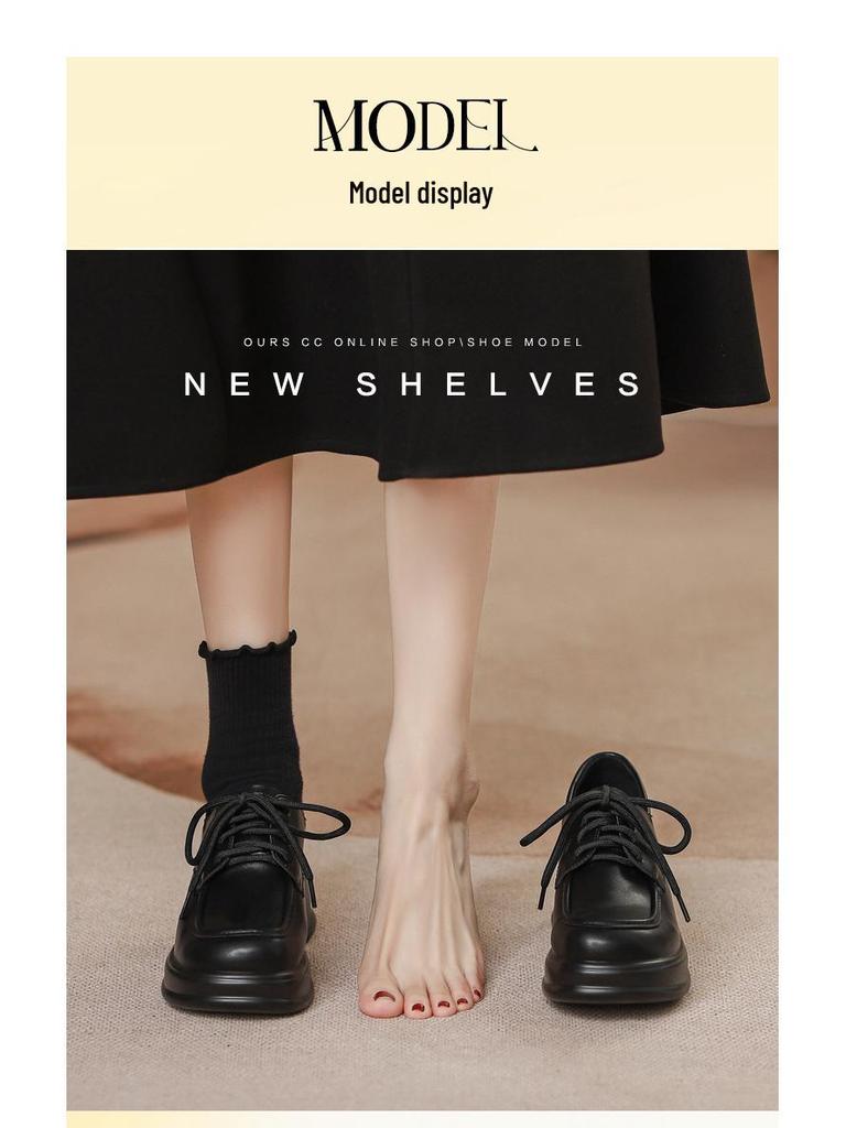 2025 Herbst Retro Schwarz Damen Square Toe Schnürschuhe Dicke Sohle Höhenverstärkend Britischer Stil Kleine Lederschuhe