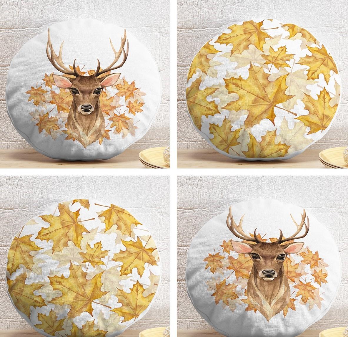 

Набор из 4 сухих осенних листьев и оленя с цифровой печатью, круглая подушка, наволочка, набор