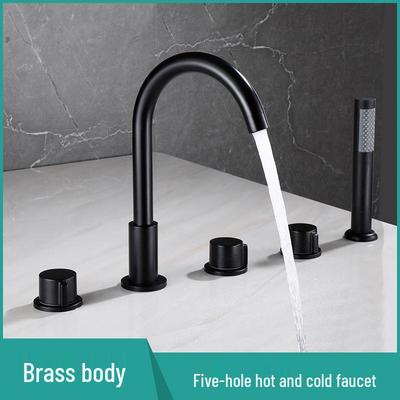 Grifo de Bañera Negro Todo Cobre para Agua Fría y Caliente, Válvula Mezcladora de Baño de Montaje en Cubierta, Juego de Cinco Piezas
