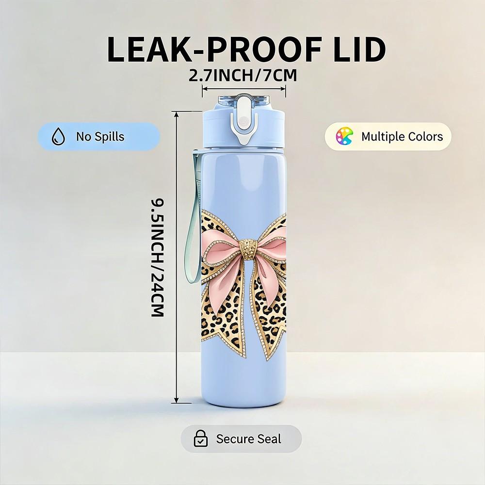 1PC Leopard Print Pattern Bow Print 750ml Color Plastic Sports Water Bottle Leakproof Flip Straw Lid Suitable for Sports Office Home Use