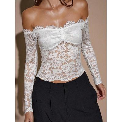 Damen Sexy Schulterfrei Durchsichtiges Netz Spitzen Crop Tops Y2k Eng Anliegend Langarm Durchsichtiges Floral Crop T-Shirt