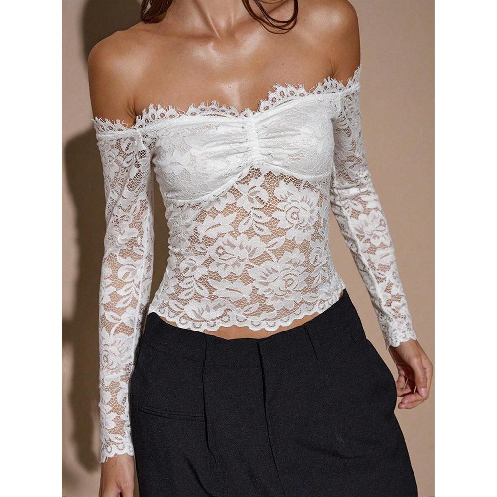 Women Sexy Off The Shoulder Sheer Mesh Lace Crop Tops Y2k Slim Fit Long Sleeve See Through Floral Crop T Shirt S белый