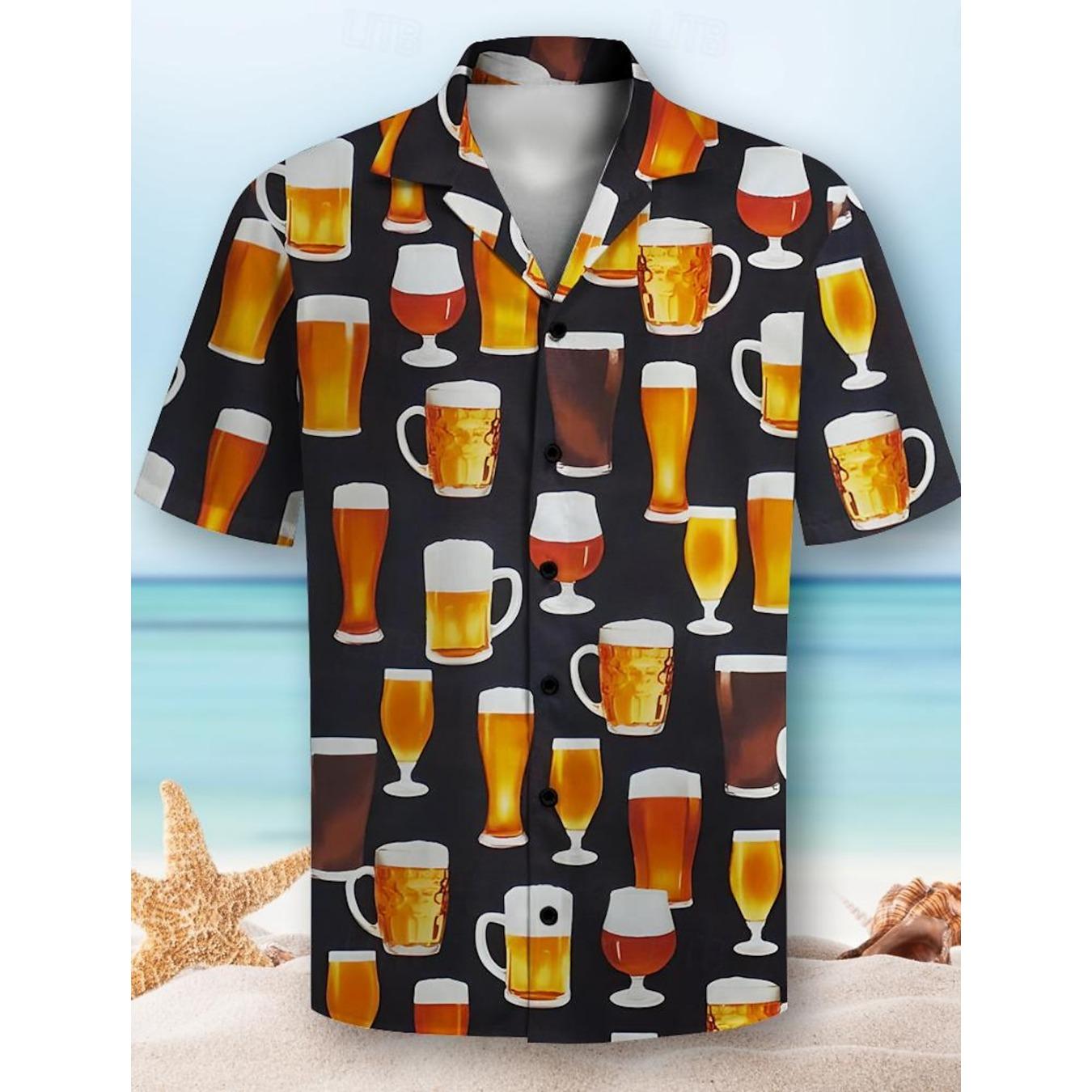 

Чоловіча сорочка з коротким рукавом і 3D-принтом з пивним візерунком, щодня на ґудзиках, на лацкані для літнього курортного відпочинку, гавайський стиль 5XL