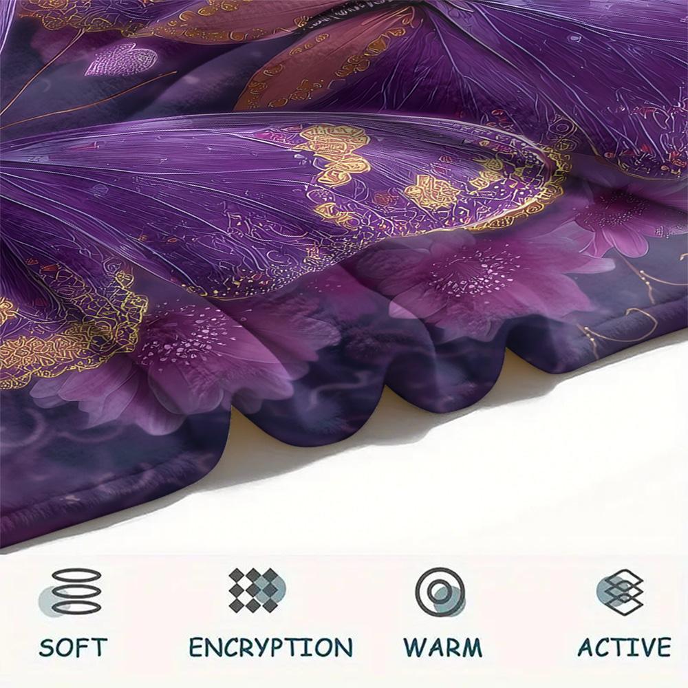 Purple Flower Butterfly  Print Flannel Blanket, High quality Comfortable for All Seasons, Home Decor, Warmth and Comfort