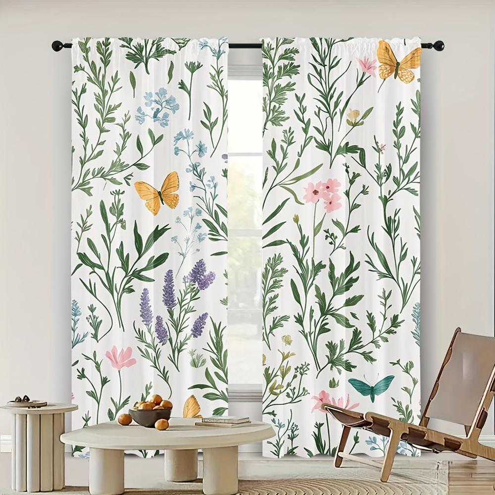 2Pc Modern Botanical Garden Print Curtains, Polyester Fabric, Machine Washable, Suitable For Bedroom And Living Room Decoration