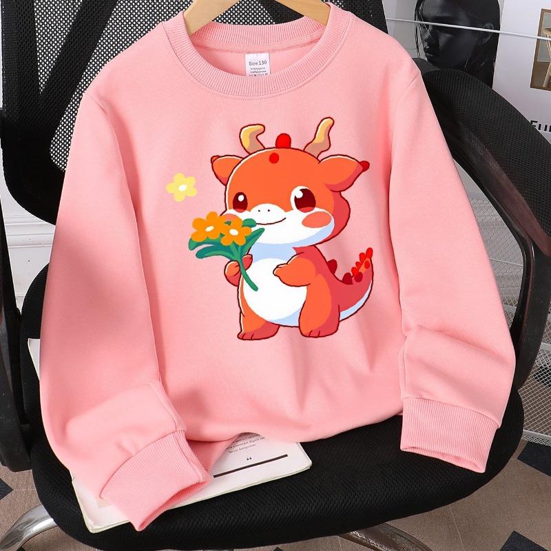Kids Crewneck Sweatshirt, Cute Orange Dragon Holding Flowers Print, Soft Casual Pullover for Fall Winter