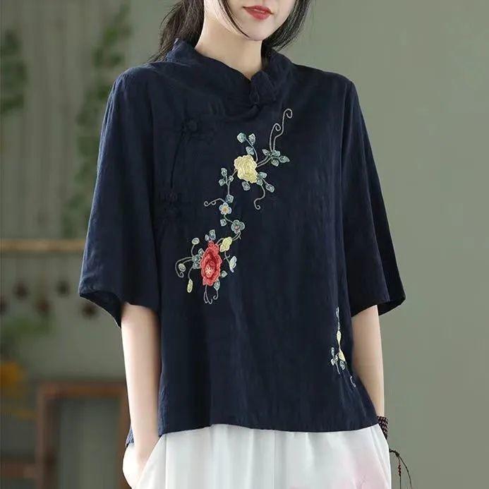 Spring Summer Embroidery Women Clothing Shirt Blouse Loose Elegant Top Vintage