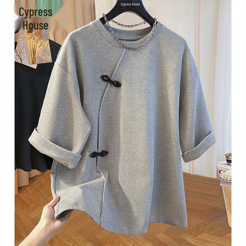 Женская новая футболка Silkbay в китайском стиле с пуговицами-лягушками, короткий рукав L светло-серый