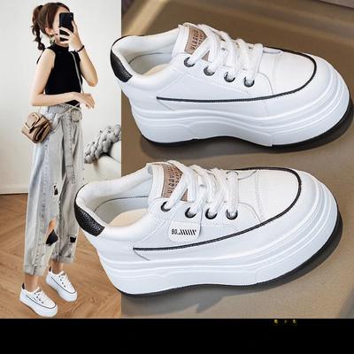 Thick-Soled Small Height Increasing Insole Women's Shoes Leather White Shoes Spring New All-Matching and Lightweight Casual Board Shoes