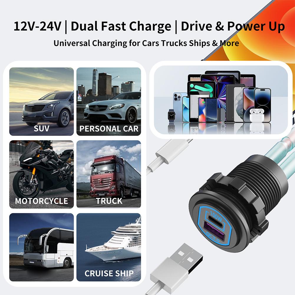 118W 12V USB Outlet Car Charger 100W PD3.0 & 18W QC3.0 Car USB Fast Charging Ports Aluminum Socket for Car RV Marine Cart