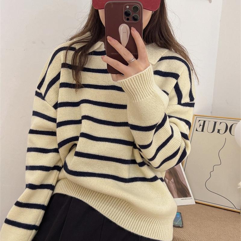 Autumn and winter milk wear sweater women's PO collar loose striped design sense niche soft waxy knitted sweater thickened top