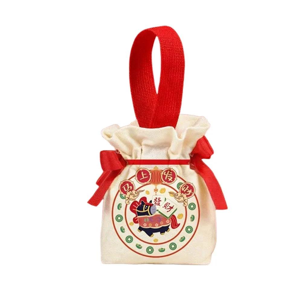 Cartoon 2026 New Year Gift Bag Chinese Style Canvas Horse Year Handbag Bag Portable Large Capacity Fashion Wedding Candy Bag