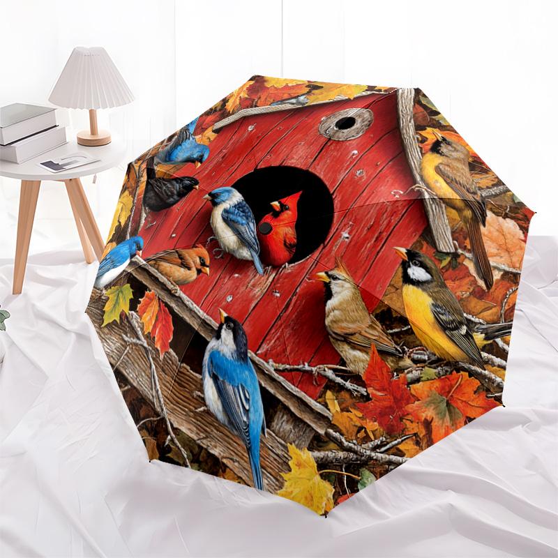 1 PC Automatic Folding Umbrella - Autumn Birdhouse Birds Pattern, Portable & Foldable Design with 8 Ribs, Christmas Birthday Gifts