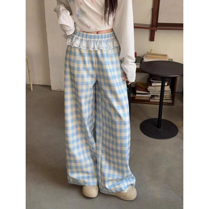 

Lace splicing blue plaid loose straight-leg pants women s wide-leg pants spring and autumn new high-waisted trousers 3XL