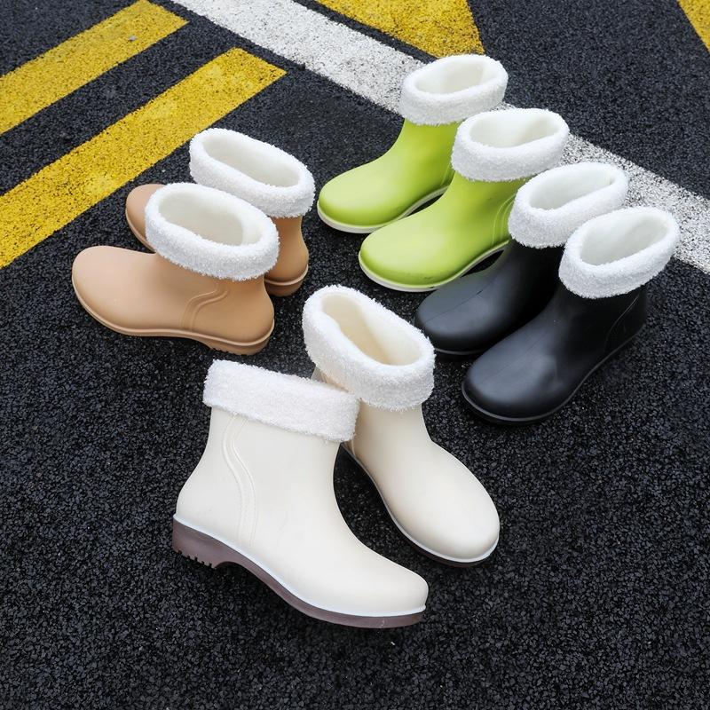 Short rain boots women's fashion waterproof shoes non-slip car wash rain shoes women wear rubber shoes women fleece