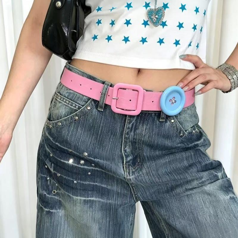 Women Adjustable PU Leather Belt 1Pcs Summer Trendy Y2K Korean Colorful Button Waist Belt for Girls Dating Outfits