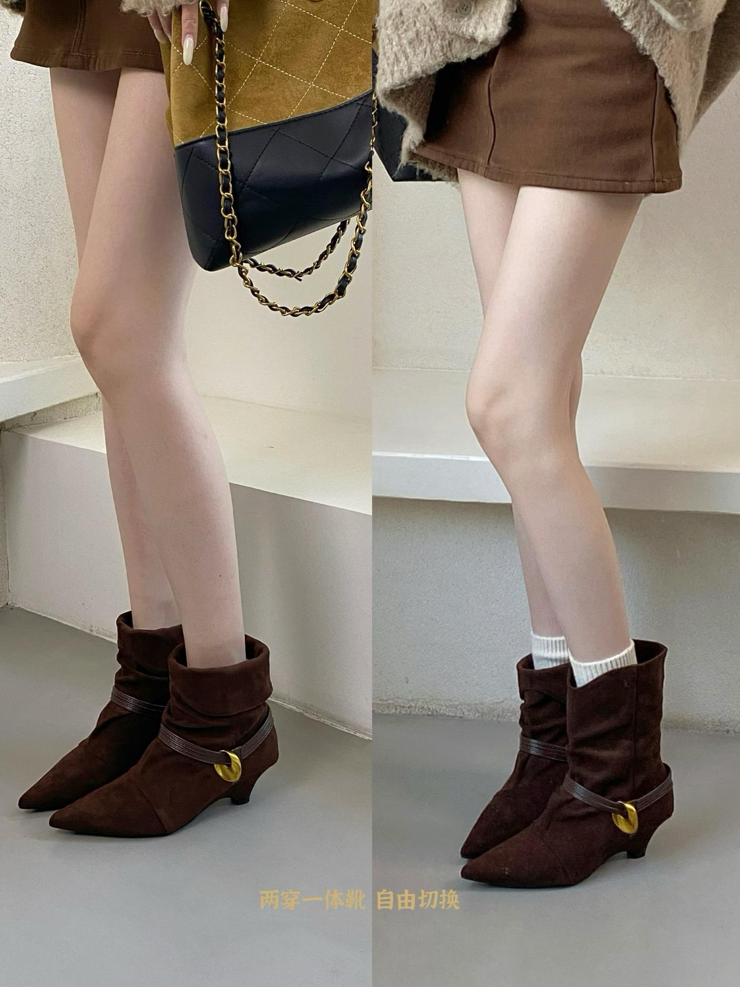 

New spot [can be worn twice] Korean version temperament slope heel short boots women s 2025 winter new suede versatile cowhide thin 40 коричневый