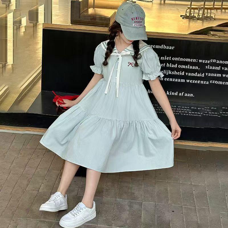 Girls Navy Collar Short Sleeve Dress Preppy Princess Skirt For Big Kids Students Summer Wear