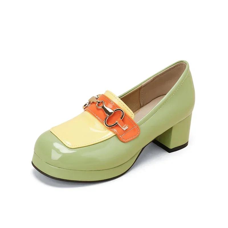 Fashion Luxury Designer Leather Women Pumps Chunky Platform Mules Shoes for Women Cute Lolita Style Tide Golden Buckle Mary Jane Shoes