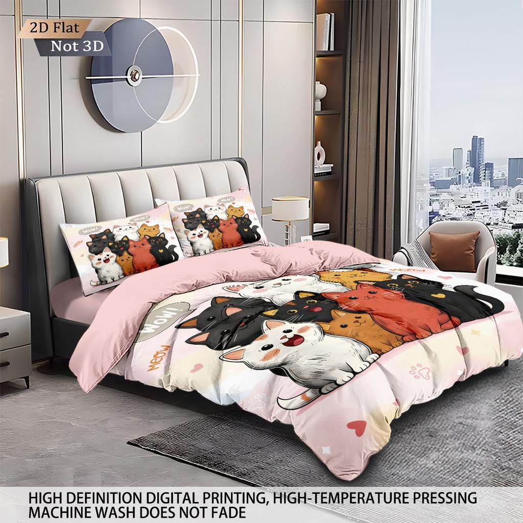 3pcs Cartoon Cute Cat Printed Coreless Down Duvet Cover Set, Multi Size Bedroom Bedding Decoration, Machine Washable