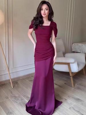Women's Elegant Short Sleeve Long Dress - European American Style Spring 2025 New Arrival