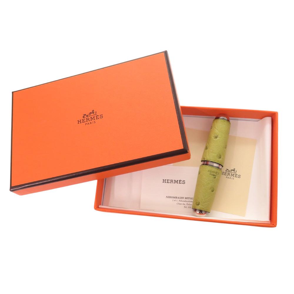 Used AUTHENTIC HERMES Wine openerKey Holder Green/Silver Ostrich/Metal