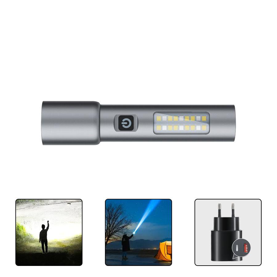 High Power Spotlight Long LED Flashlight with COB Side Light Aluminum Alloy Type-C Zoomable Ultra Bright Emergency Torch